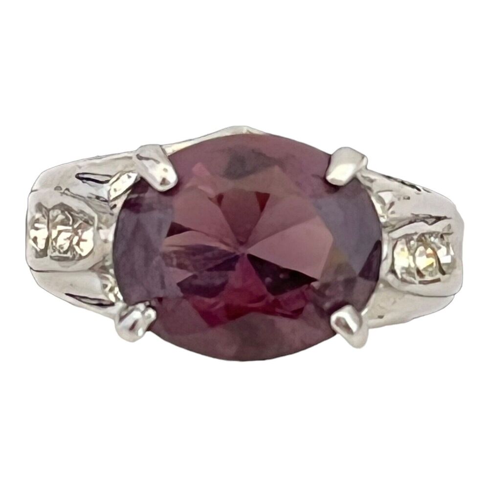 Vintage 1980s Cocktail Ring Purple Glass Rhinestone Silver Tone - 5K - Picture 5 of 7